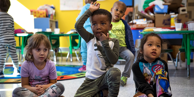 Young student raises hand in class