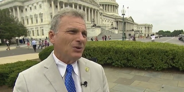 Rep. Buddy Carter in tan suit and polka dot blue tie by US Capitol