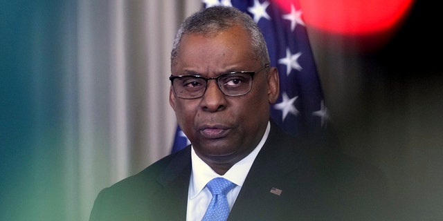 Secretary of Defense, Lloyd Austin, addresses the media during a press conference after the meeting of the Ukraine Security Consultative Group at Ramstein Air Base in Ramstein, Germany, Tuesday, April 26, 2022. (AP Photo/Michael Probst)