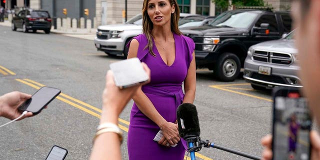 Alina Habba speaks after Trump arrived at the E. Barrett Prettyman U.S. Federal Courthouse