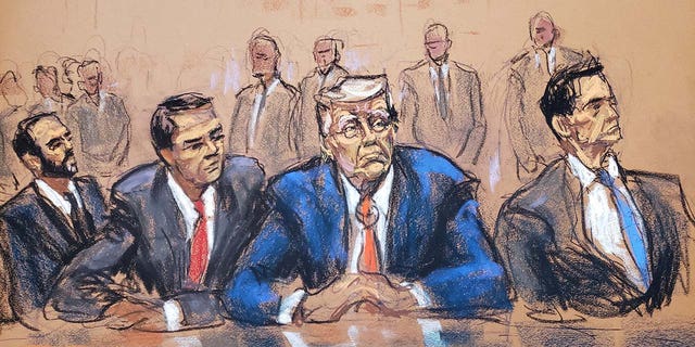 A court sketch of Donald Trump