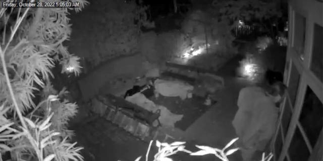 Black and white security footage of a man in a backyard.