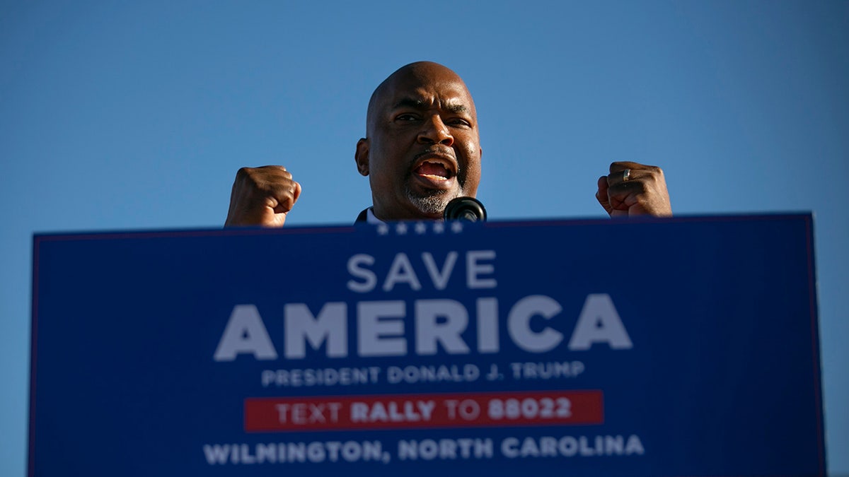 Mark Robinson speaks during a Trump rally