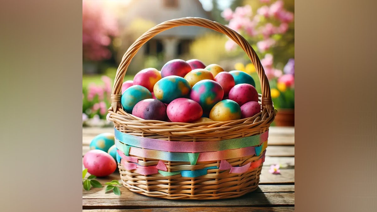 Dyed potatoes in a basket