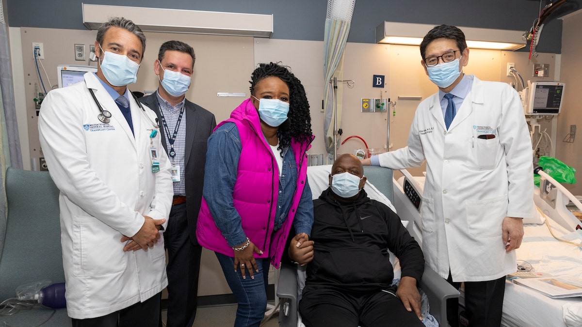 Slayman with (left to right) Dr. Leo Riella, Medical Director of Kidney Transplantation, Dr. Nahel Elias, Interim Chief, Division of Transplant Surgery, his partner, Faren, and Dr. Tatsuo Kawai, Director, Legorreta Center for Clinical Transplant Tolerance