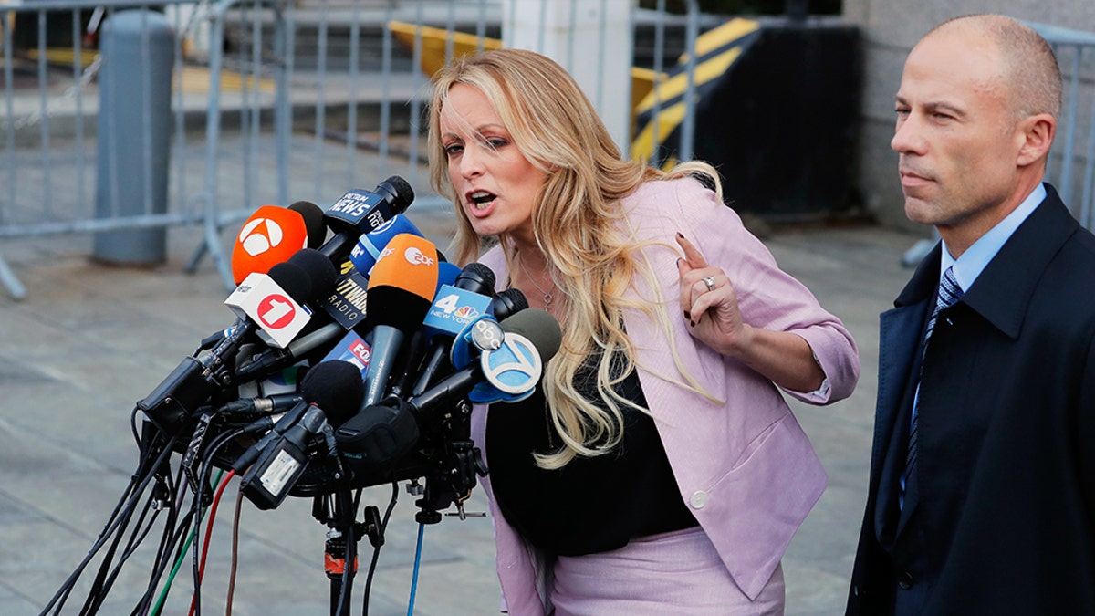 Stormy Daniels speaking with media at Avenatti trial