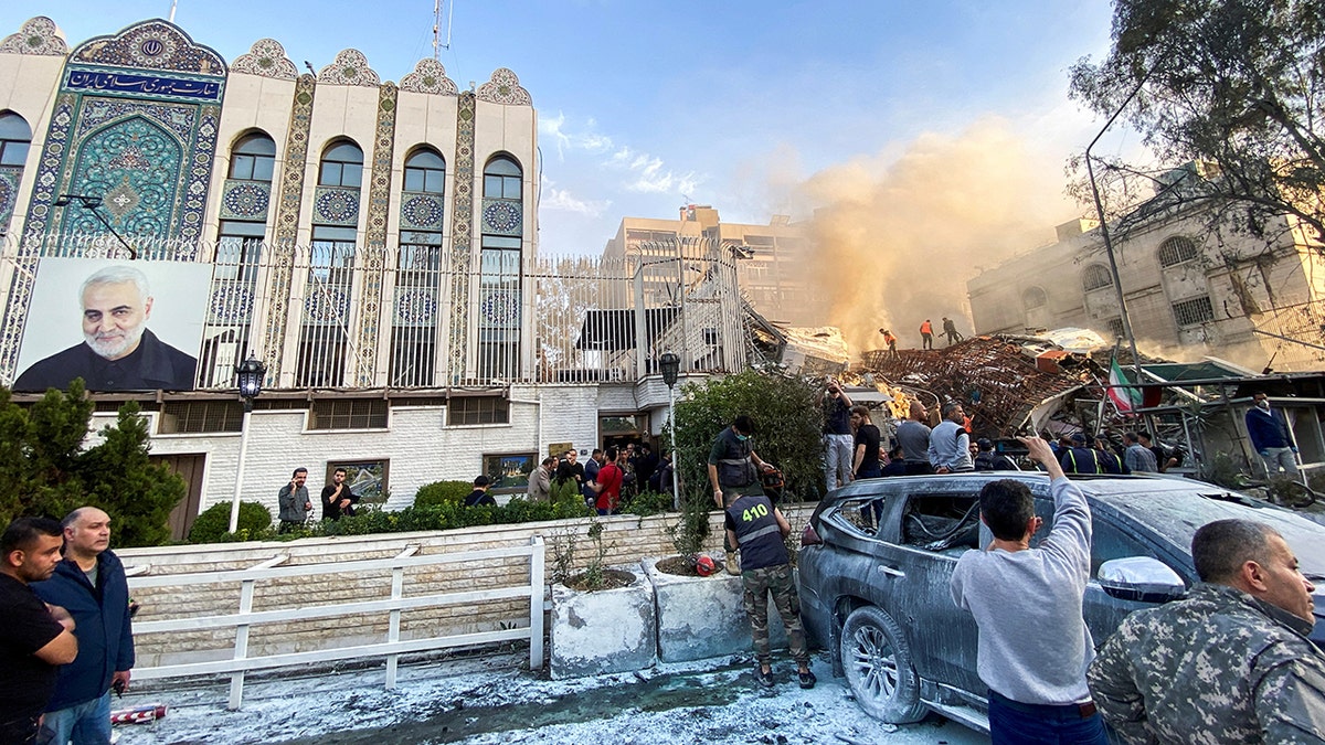 Aftermath of airstrike on building near Iranian embassy in Damascus, Syria