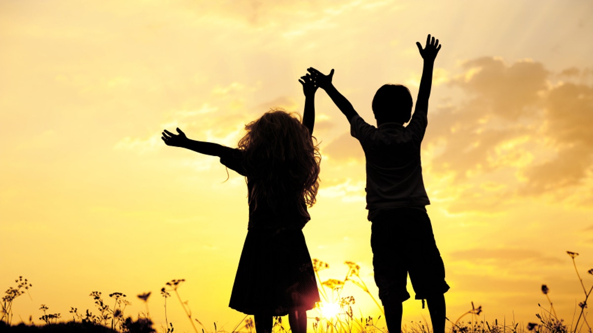 Silhouette, group of happy children playing on meadow, sunset, summertime